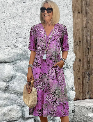 Women's Printed Midi Dress | Flattering V-Neck A-Line Style 3