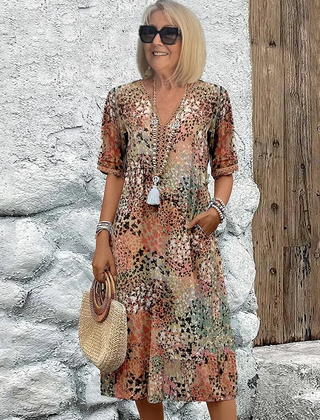 Women's Printed Midi Dress | Flattering V-Neck A-Line Style 4