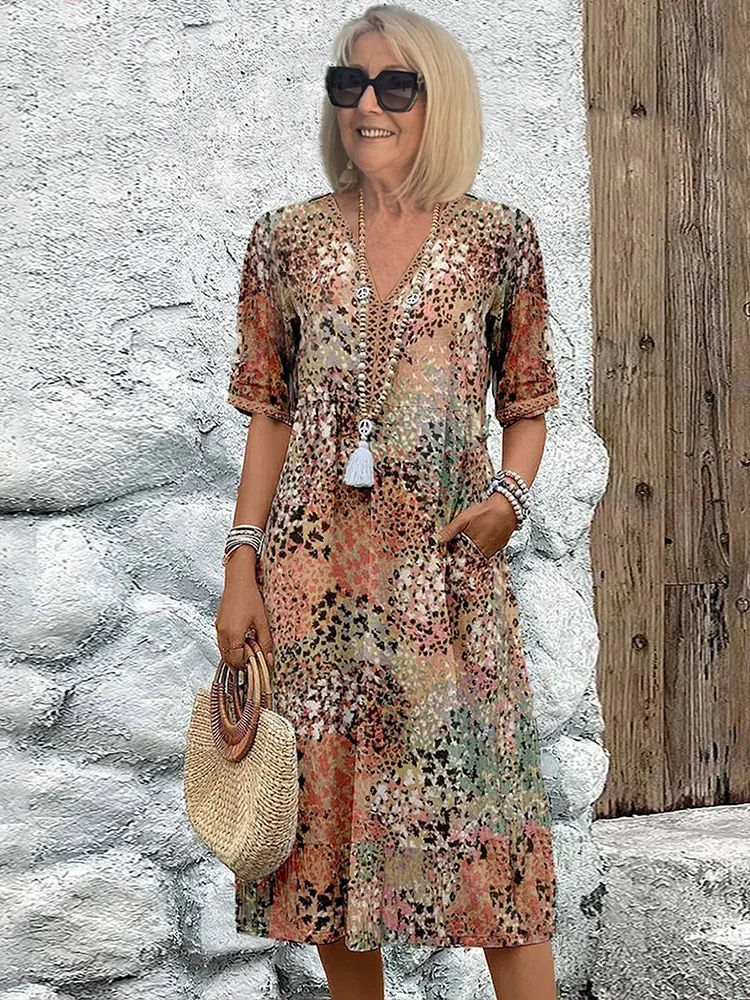 Women's Printed Midi Dress | Flattering V-Neck A-Line Style 4