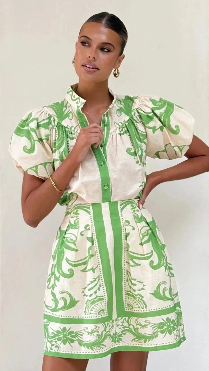 Women's Printed Mini Dress | Elegant Puff Sleeve Summer Cocktail Dress 1