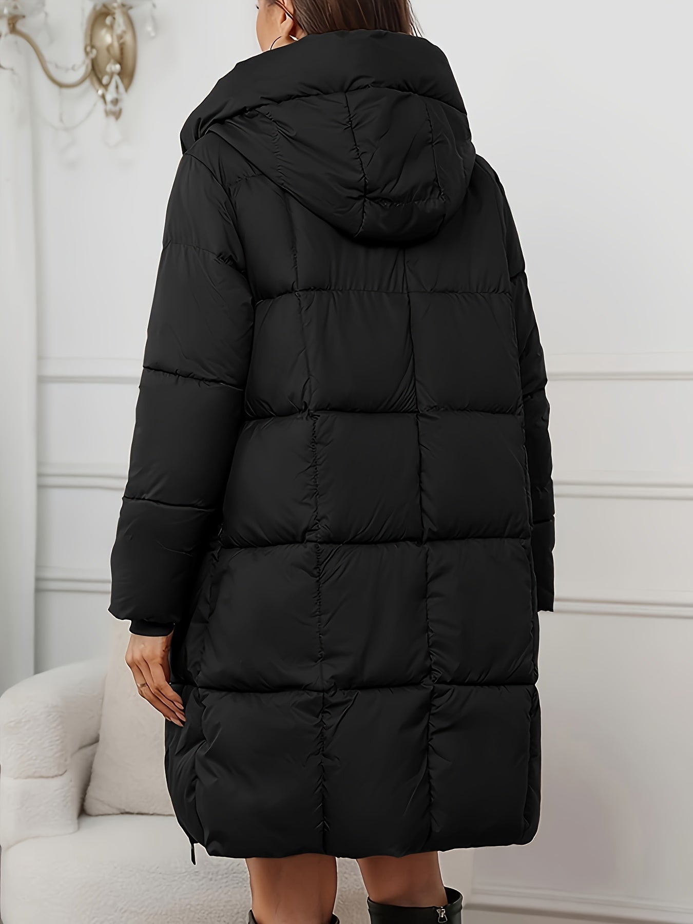 Women's Quilted Longline Puffer Coat | Elegant Black Winter Jacket 6