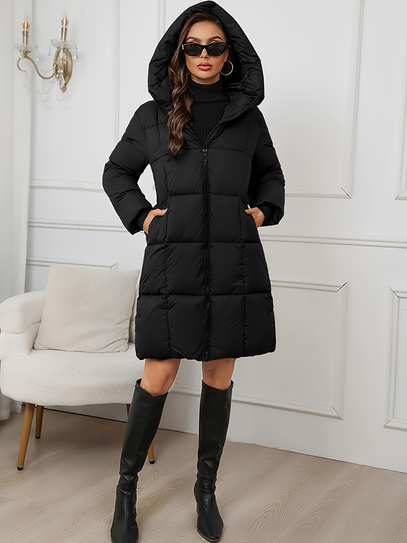 Women's Quilted Longline Puffer Coat | Elegant Black Winter Jacket 8