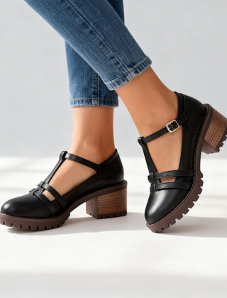 Women's Retro Leather Loafers | Stylish T-Strap Block Heel Shoes 0
