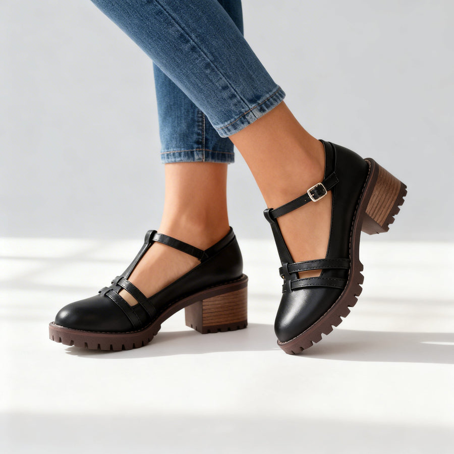 Women's Retro Leather Loafers | Stylish T-Strap Block Heel Shoes 0