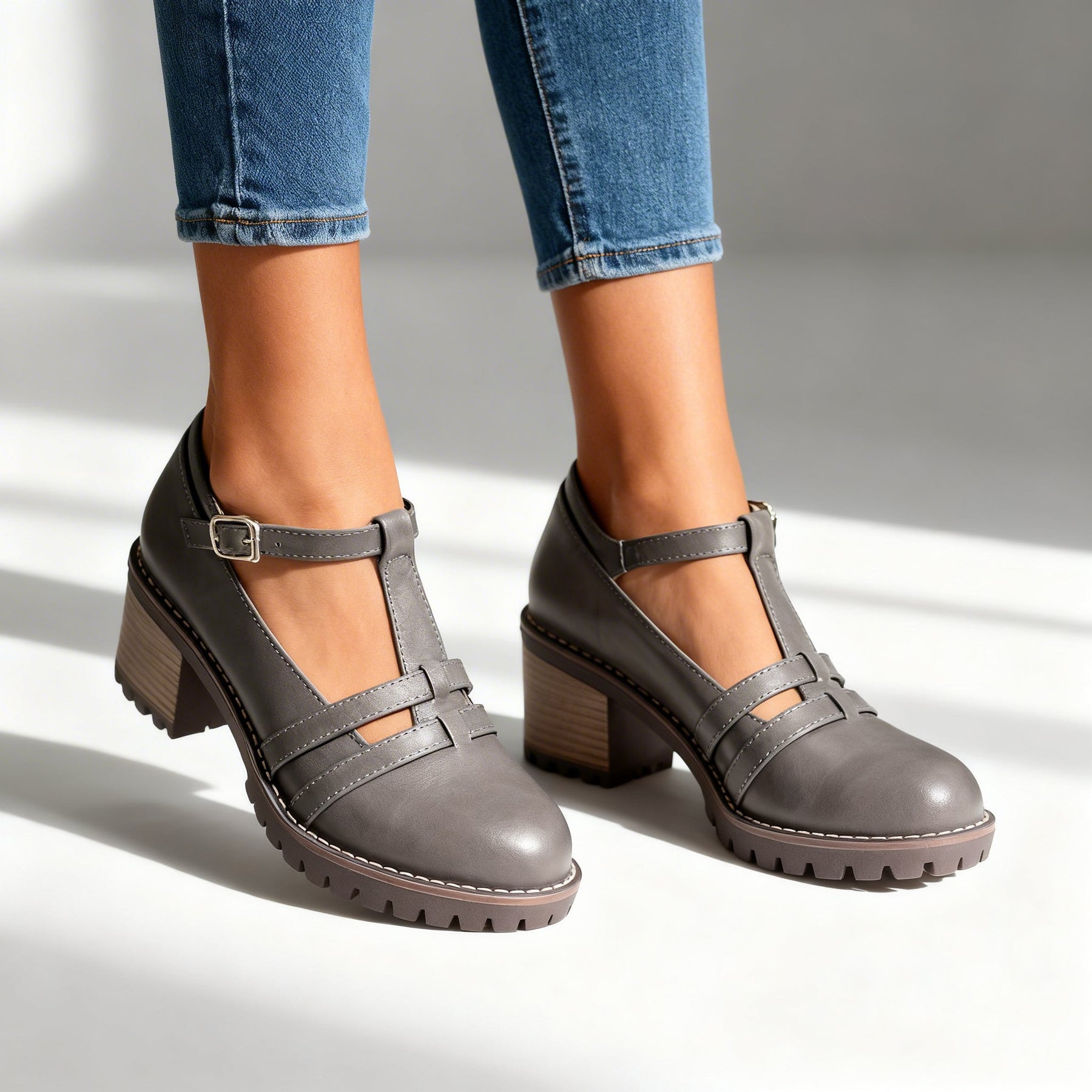 Women's Retro Leather Loafers | Stylish T-Strap Block Heel Shoes 5