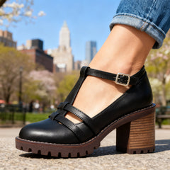 Women's Retro Leather Loafers | Stylish T-Strap Block Heel Shoes 6