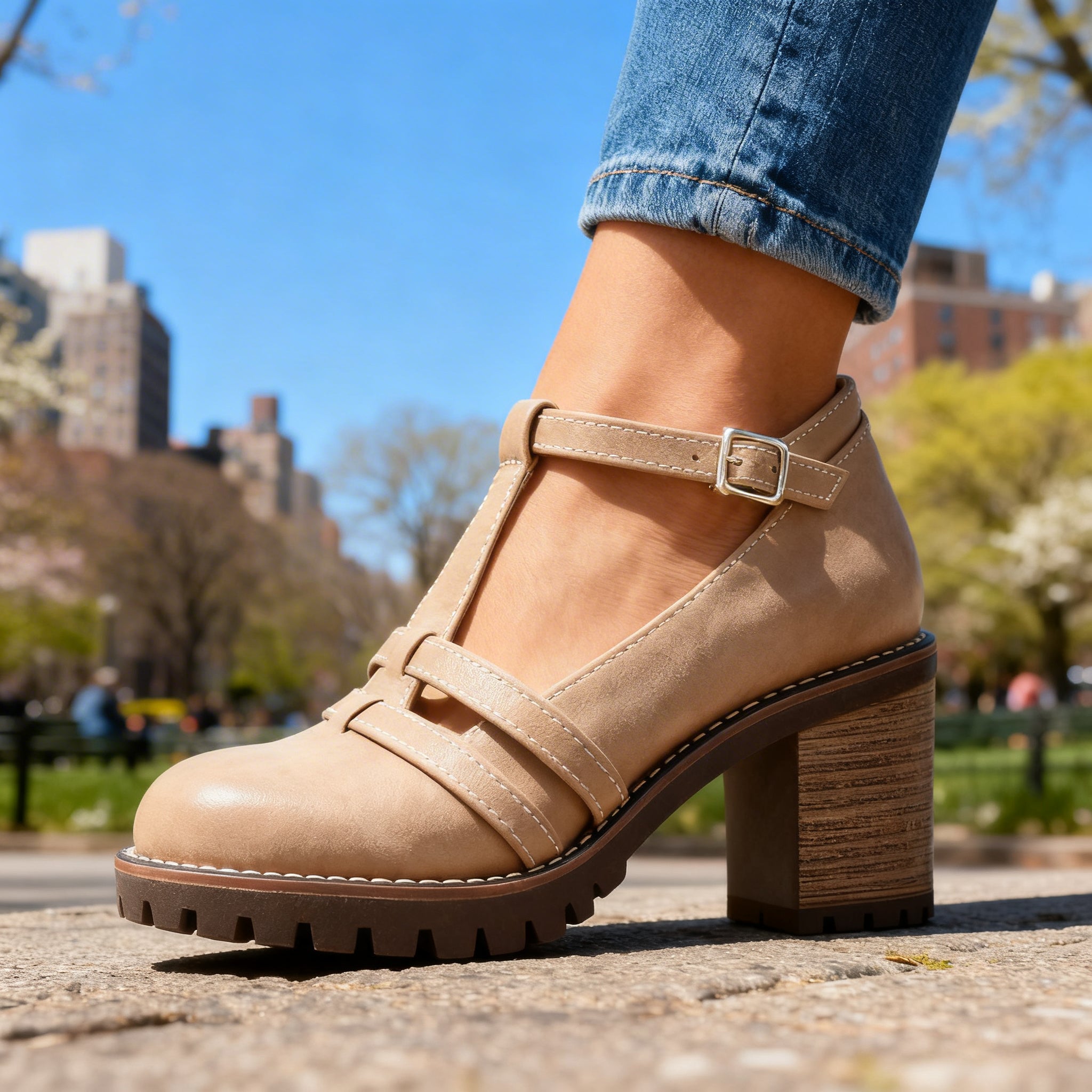 Women's Retro Leather Loafers | Stylish T-Strap Block Heel Shoes 7