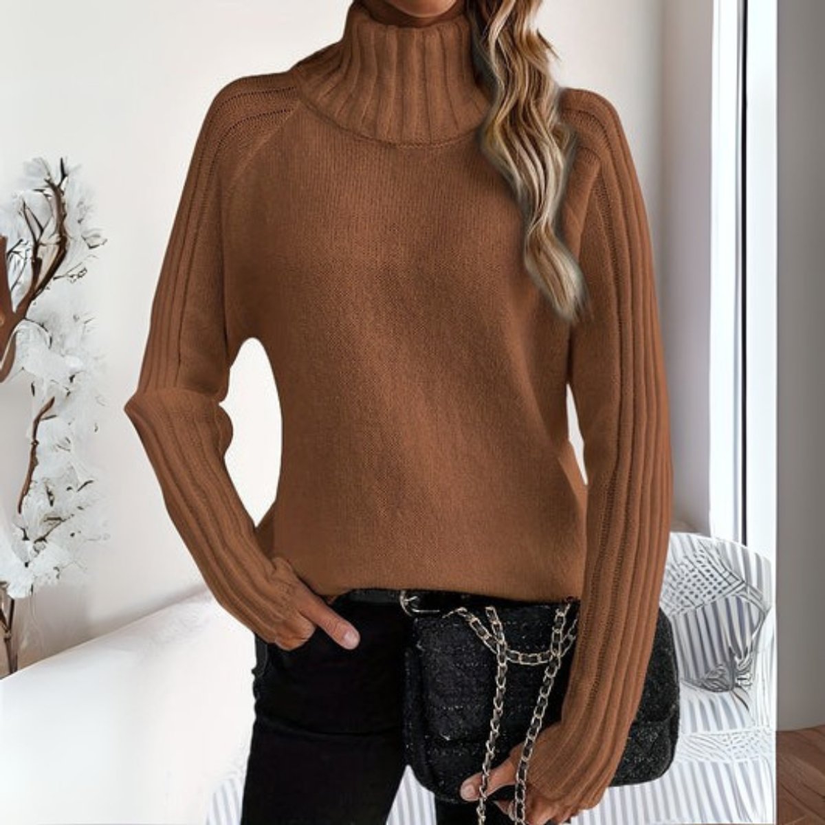 Women's Ribbed Knit Turtleneck Sweater | Relaxed Fit Black Long Sleeve Jumper 1