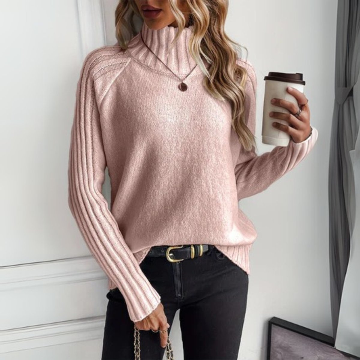 Women's Ribbed Knit Turtleneck Sweater | Relaxed Fit Black Long Sleeve Jumper 2