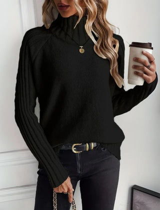 Women's Ribbed Knit Turtleneck Sweater | Relaxed Fit Black Long Sleeve Jumper 3