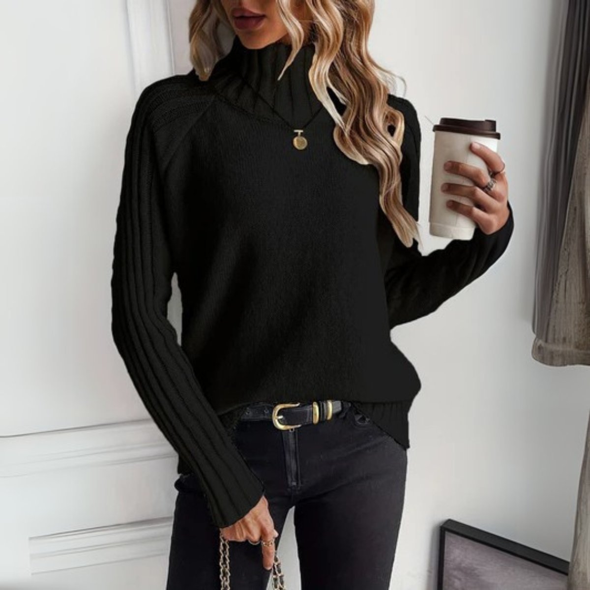 Women's Ribbed Knit Turtleneck Sweater | Relaxed Fit Black Long Sleeve Jumper 3