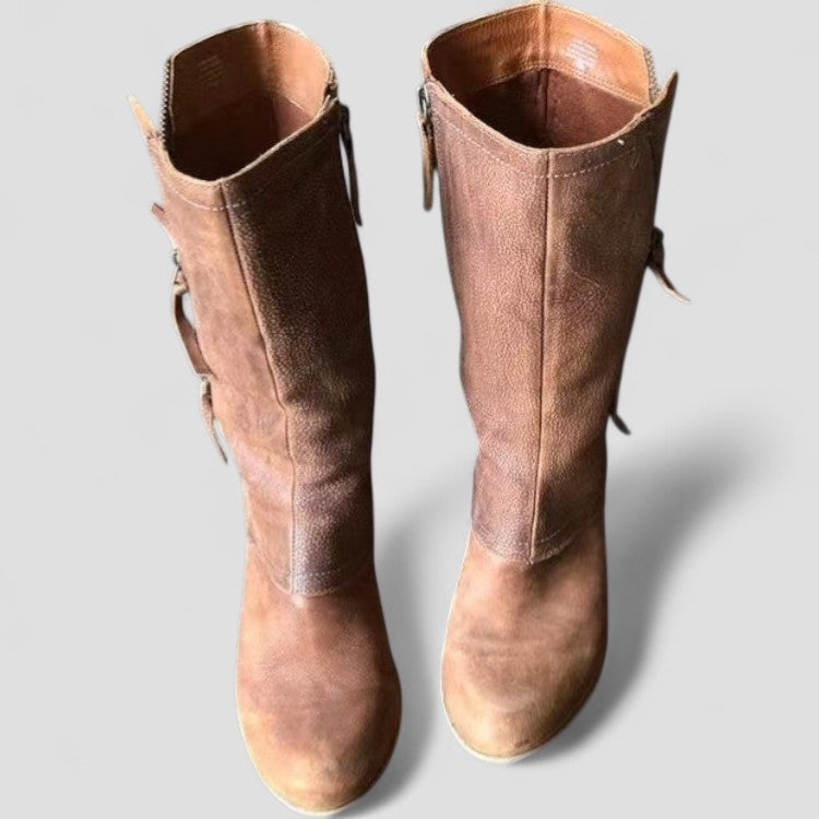 Women's Rustic Leather Cowboy Boots | Stylish Mid Calf Western Footwear 0