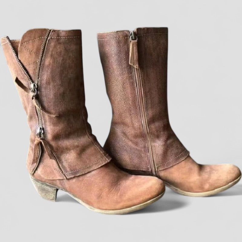 Women's Rustic Leather Cowboy Boots | Stylish Mid Calf Western Footwear 1