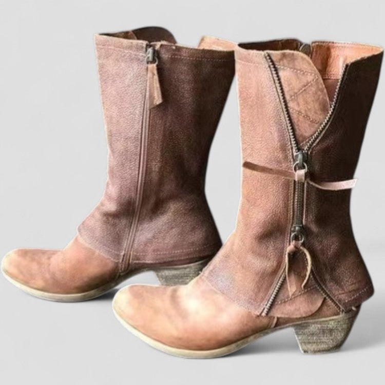 Women's Rustic Leather Cowboy Boots | Stylish Mid Calf Western Footwear 2