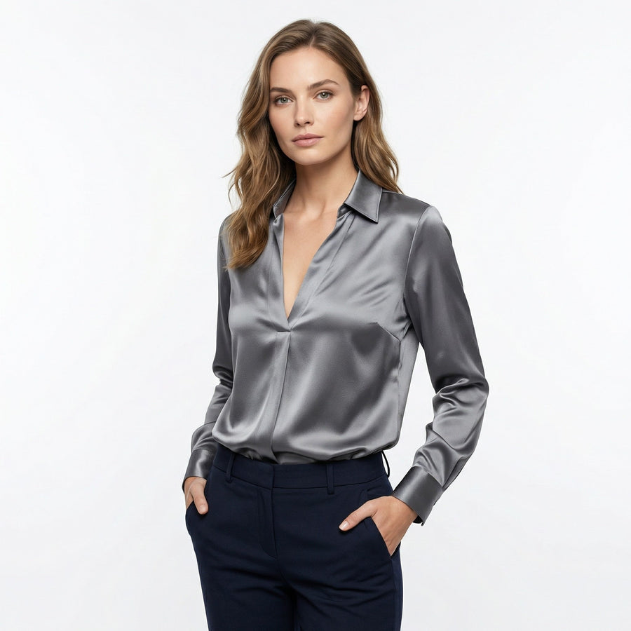 Elegant Satin Womens Blouse | Long Sleeve Top with V-Neck Design for Effortless Summer Style 2