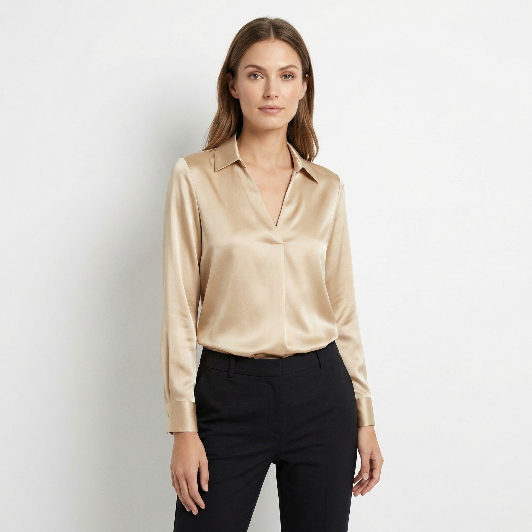 Elegant Satin Womens Blouse | Long Sleeve Top with V-Neck Design for Effortless Summer Style 4