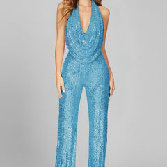 Women's Sequin Halter Jumpsuit | Glamorous Cowl-Neck Wide Leg Evening Wear 0