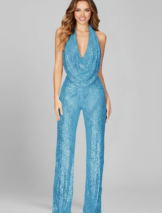 Women's Sequin Halter Jumpsuit | Glamorous Cowl-Neck Wide Leg Evening Wear 0