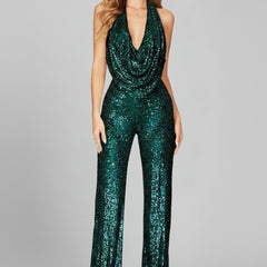 Women's Sequin Halter Jumpsuit | Glamorous Cowl-Neck Wide Leg Evening Wear 10