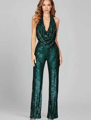Women's Sequin Halter Jumpsuit | Glamorous Cowl-Neck Wide Leg Evening Wear 10