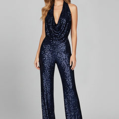 Women's Sequin Halter Jumpsuit | Glamorous Cowl-Neck Wide Leg Evening Wear 11