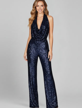 Women's Sequin Halter Jumpsuit | Glamorous Cowl-Neck Wide Leg Evening Wear 11