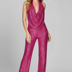 Women's Sequin Halter Jumpsuit | Glamorous Cowl-Neck Wide Leg Evening Wear 12