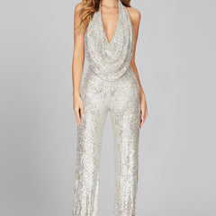 Women's Sequin Halter Jumpsuit | Glamorous Cowl-Neck Wide Leg Evening Wear 3
