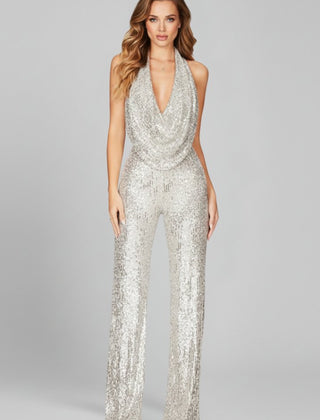 Women's Sequin Halter Jumpsuit | Glamorous Cowl-Neck Wide Leg Evening Wear 3