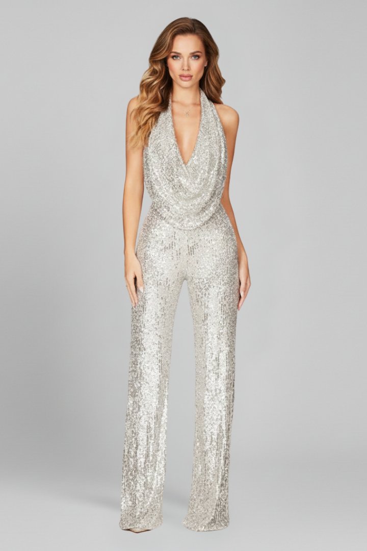 Women's Sequin Halter Jumpsuit | Glamorous Cowl-Neck Wide Leg Evening Wear 3
