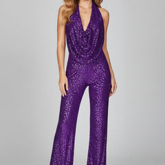 Women's Sequin Halter Jumpsuit | Glamorous Cowl-Neck Wide Leg Evening Wear 5