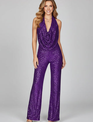 Women's Sequin Halter Jumpsuit | Glamorous Cowl-Neck Wide Leg Evening Wear 5