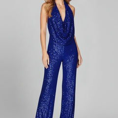 Women's Sequin Halter Jumpsuit | Glamorous Cowl-Neck Wide Leg Evening Wear 6