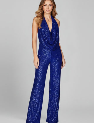 Women's Sequin Halter Jumpsuit | Glamorous Cowl-Neck Wide Leg Evening Wear 6