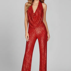 Women's Sequin Halter Jumpsuit | Glamorous Cowl-Neck Wide Leg Evening Wear 7