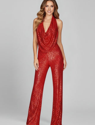Women's Sequin Halter Jumpsuit | Glamorous Cowl-Neck Wide Leg Evening Wear 7