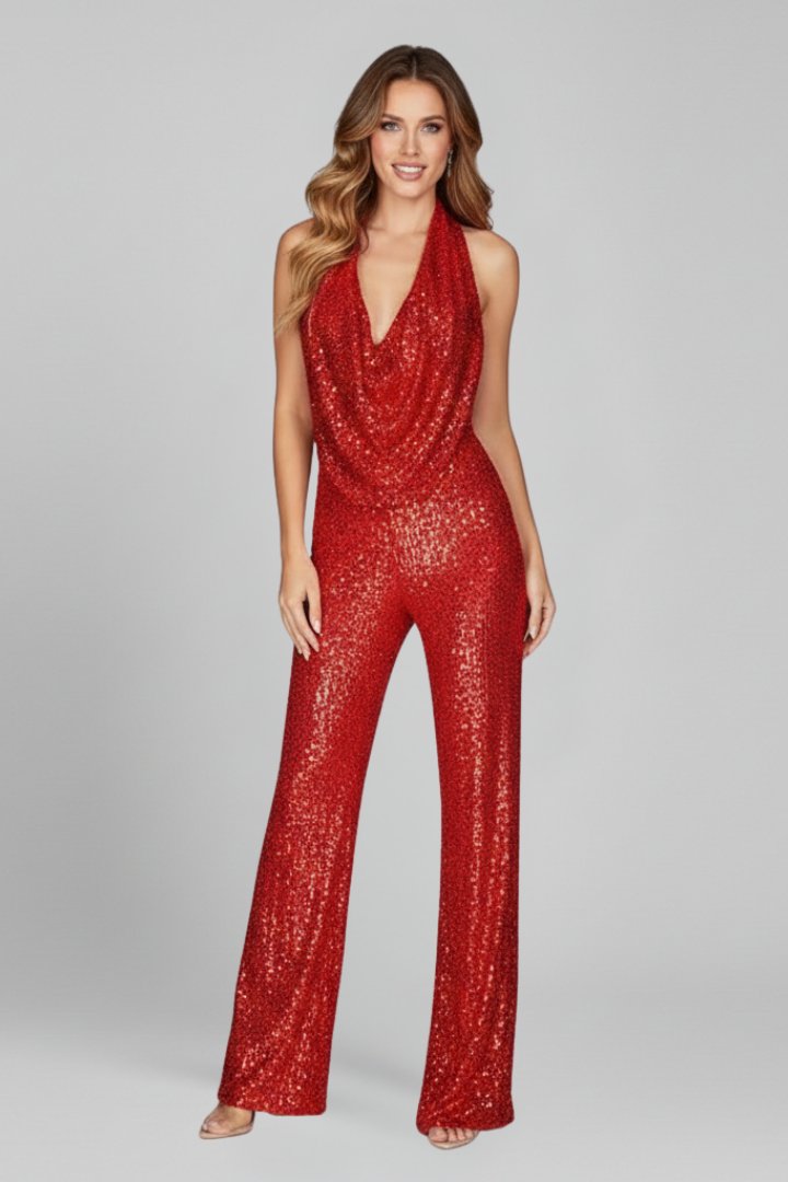 Women's Sequin Halter Jumpsuit | Glamorous Cowl-Neck Wide Leg Evening Wear 7