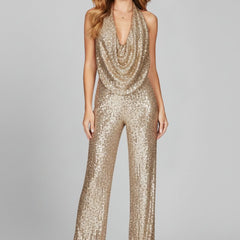 Women's Sequin Halter Jumpsuit | Glamorous Cowl-Neck Wide Leg Evening Wear 8