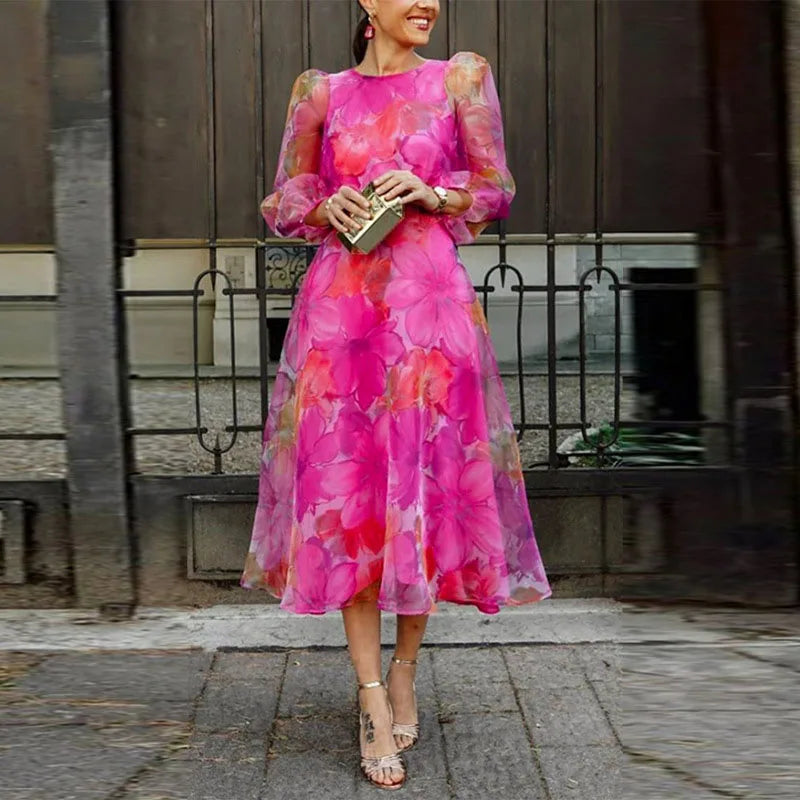 Women's Sheer Floral Midi Dress | Elegant A-Line Summer Dress with Puff Sleeves 0