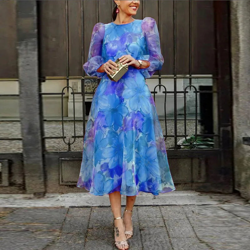 Women's Sheer Floral Midi Dress | Elegant A-Line Summer Dress with Puff Sleeves 1