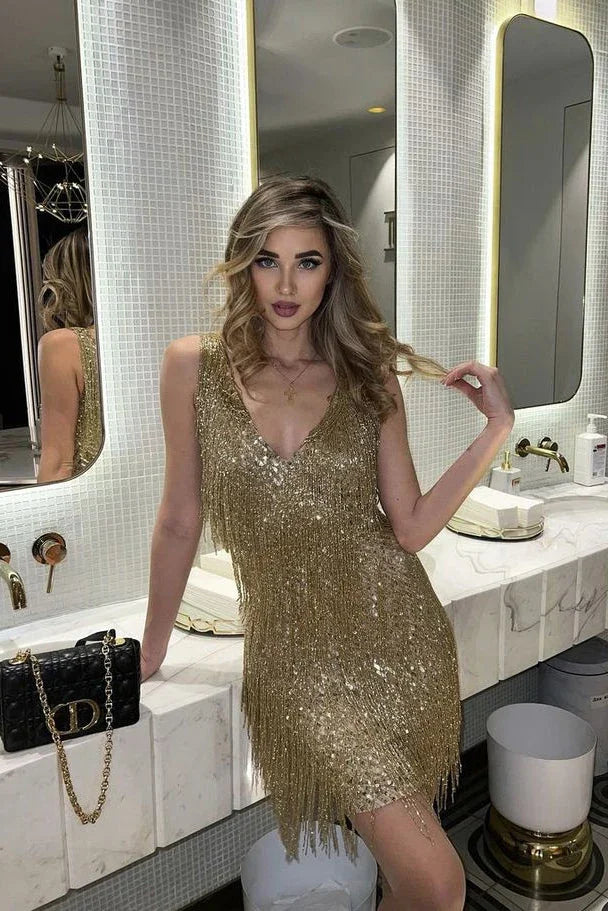 Women's Shimmering Sequin Cocktail Dress | Elegant Fringed Evening Gown 0