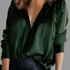 Women's Silk Blouse | Elegant Long Sleeve Deep V-Neck Top 0