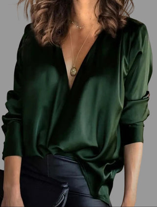 Women's Silk Blouse | Elegant Long Sleeve Deep V-Neck Top 0