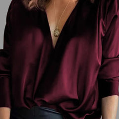 Women's Silk Blouse | Elegant Long Sleeve Deep V-Neck Top 1