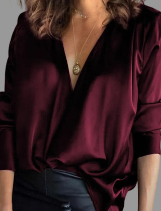 Women's Silk Blouse | Elegant Long Sleeve Deep V-Neck Top 1