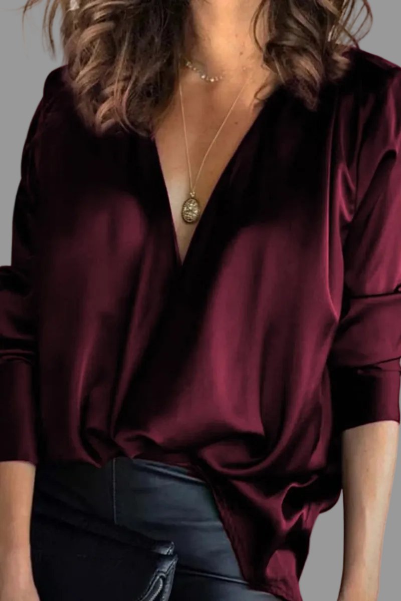 Women's Silk Blouse | Elegant Long Sleeve Deep V-Neck Top 1