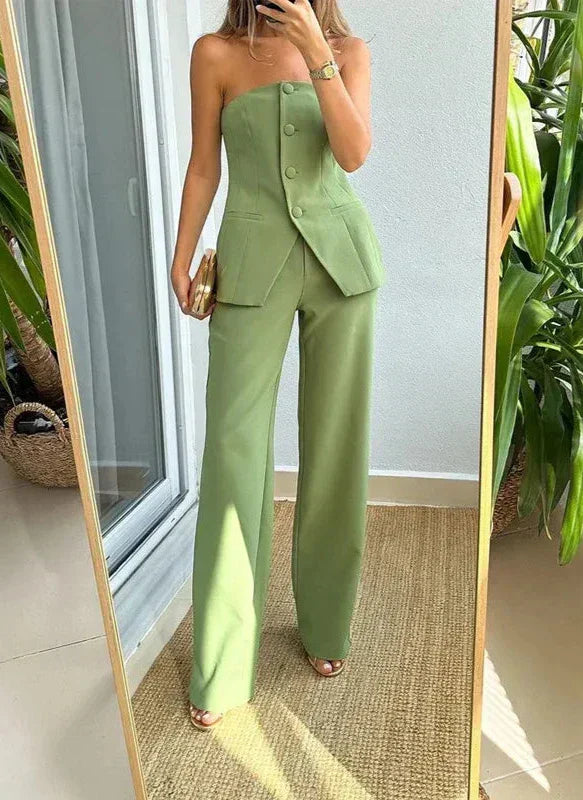 Womens Smooth Tailored Suit Set | Elegant Strapless Waistcoat & Wide-Leg Trousers 1
