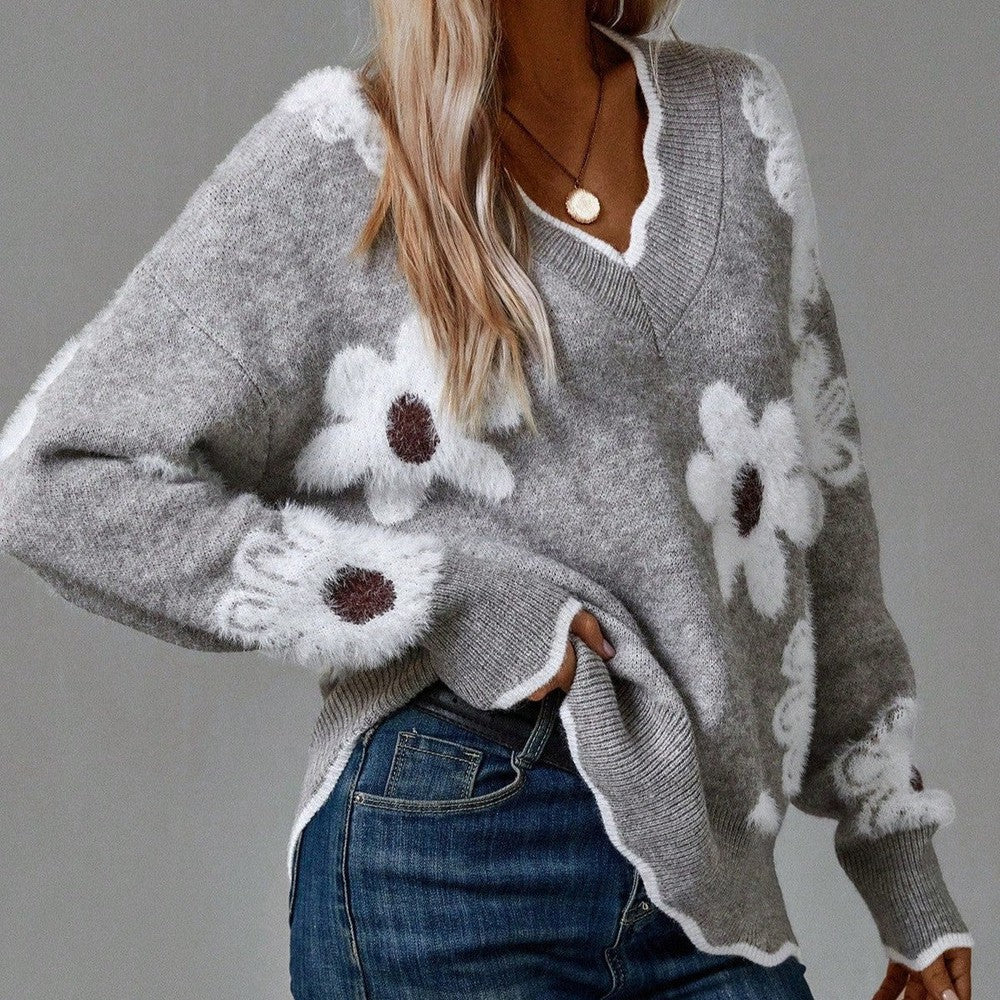 Women's Soft Floral Applique Sweater | Relaxed V-Neck Design with Balloon Sleeves 0