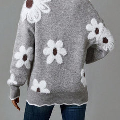 Women's Soft Floral Applique Sweater | Relaxed V-Neck Design with Balloon Sleeves 1