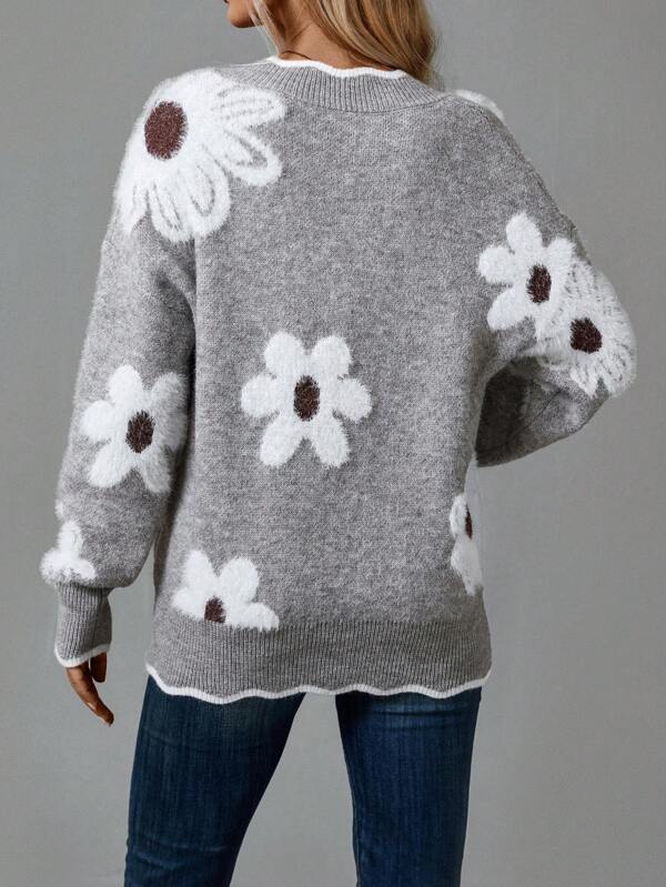 Women's Soft Floral Applique Sweater | Relaxed V-Neck Design with Balloon Sleeves 1